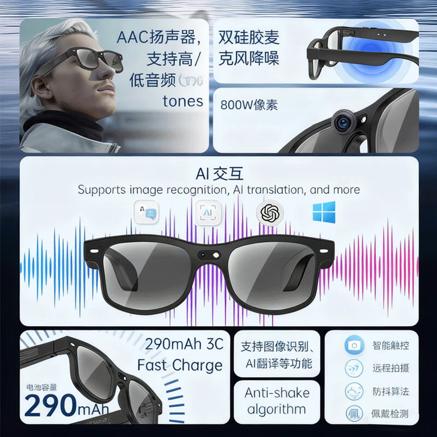 蓝牙耳机AI智能眼镜800W像素录像拍照录音无线蓝牙音频通话翻译音乐感光变色拍照翻译 感光变色丨800W像素+拍照/录像/录音/翻译/识别